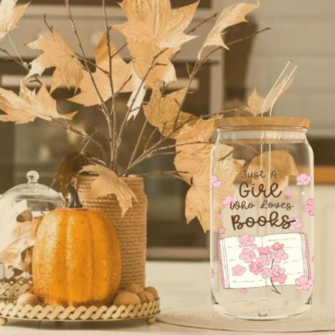 "Just A Girl Who Loves Books – Flowers" – 16 oz. Glass Tumbler