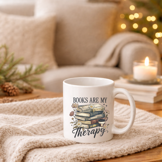 "Books Are My Therapy - White" Mug (11 oz)
