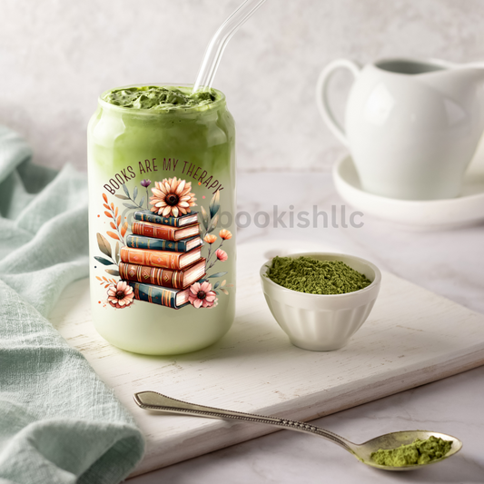 "Books Are My Therapy" – 16 oz. Glass Tumbler 📖💆‍♀️✨