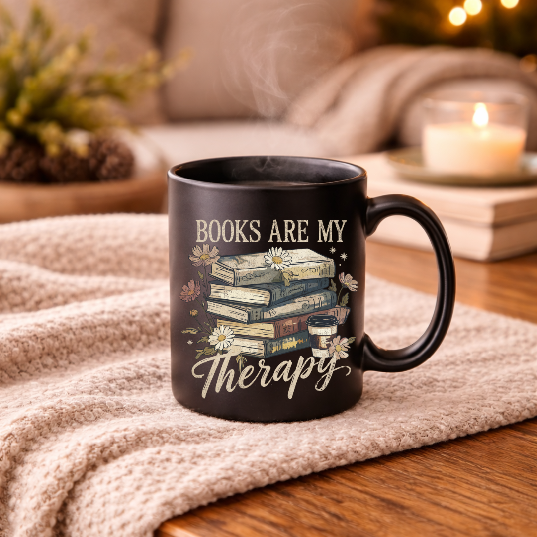 "Books Are My Therapy - Black" Mug (11 oz)