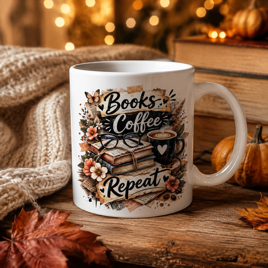 Books, Coffee, Repeat – 11 oz. White Mug