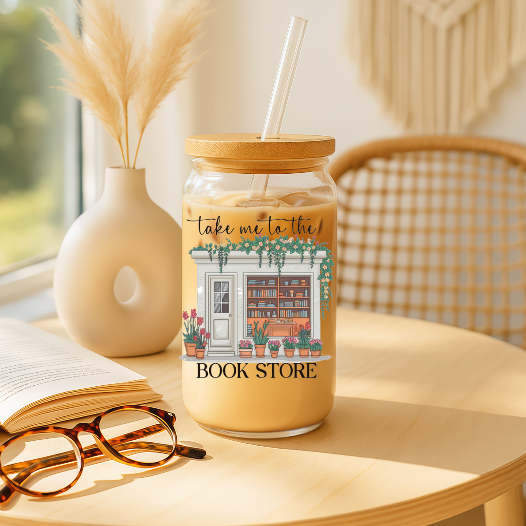 "Take Me to the Bookstore – White" Glass Tumbler (16 oz)