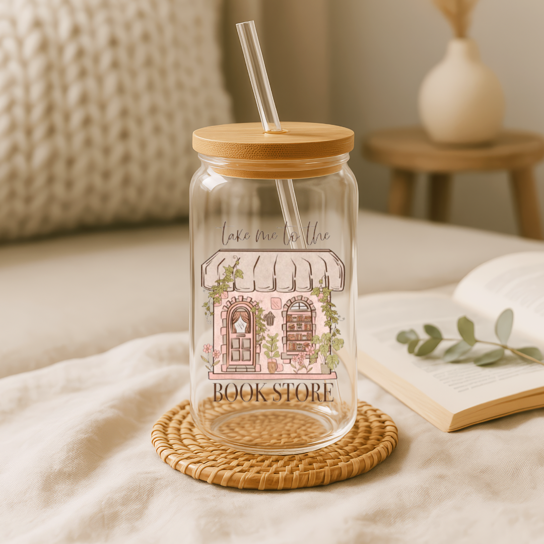 "Take Me to the Bookstore – Pink" Glass Tumbler (16 oz)