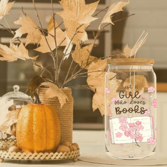 "Just A Girl Who Loves Books – Flowers" – 16 oz. Glass Tumbler